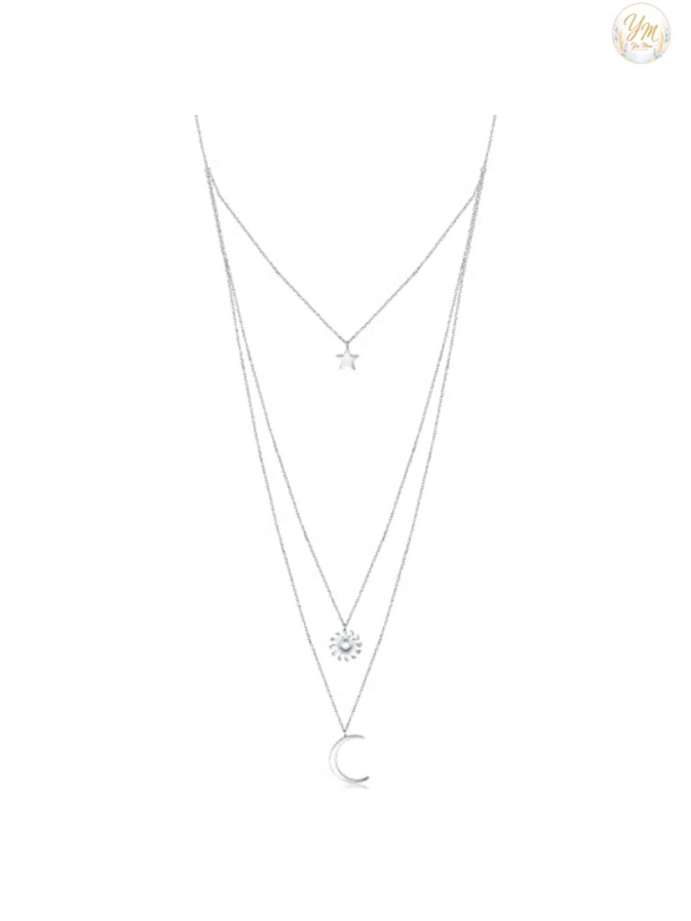 S925 Sterling Silver Multilayer Dot Bar Layered Triple Chain Pendant Necklace